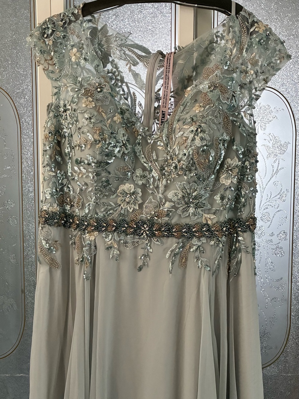 Mac Duggal Sage Green Embroidered Evening Gown